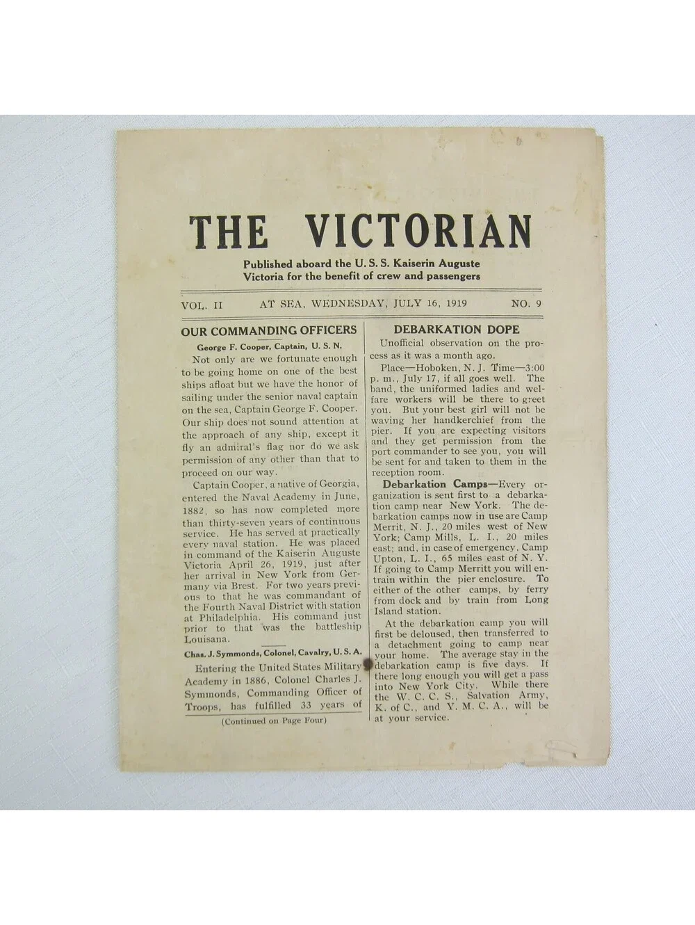 USS Kaiserin Auguste Victoria Shipboard Newspaper The Victorian WWI 16 July 1919